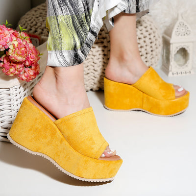 Дамски чехли на платформа Marchela - Yellow