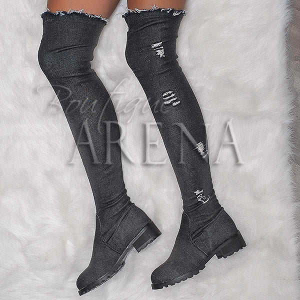 Дамски чизми на нисък ток Denim black
