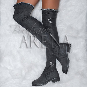 Дамски чизми на нисък ток Denim black